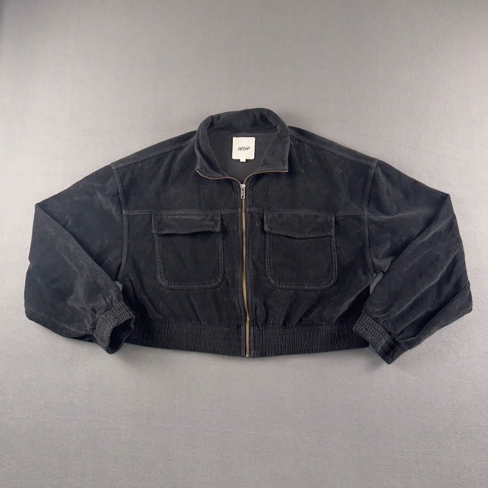Aerie Black Corduroy Cropped Bomber Jacket Full Zip Mock Neck Women Large